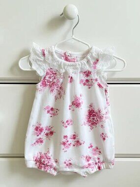 White Floral Lace-Trim Bubble Romper 0-3 Months